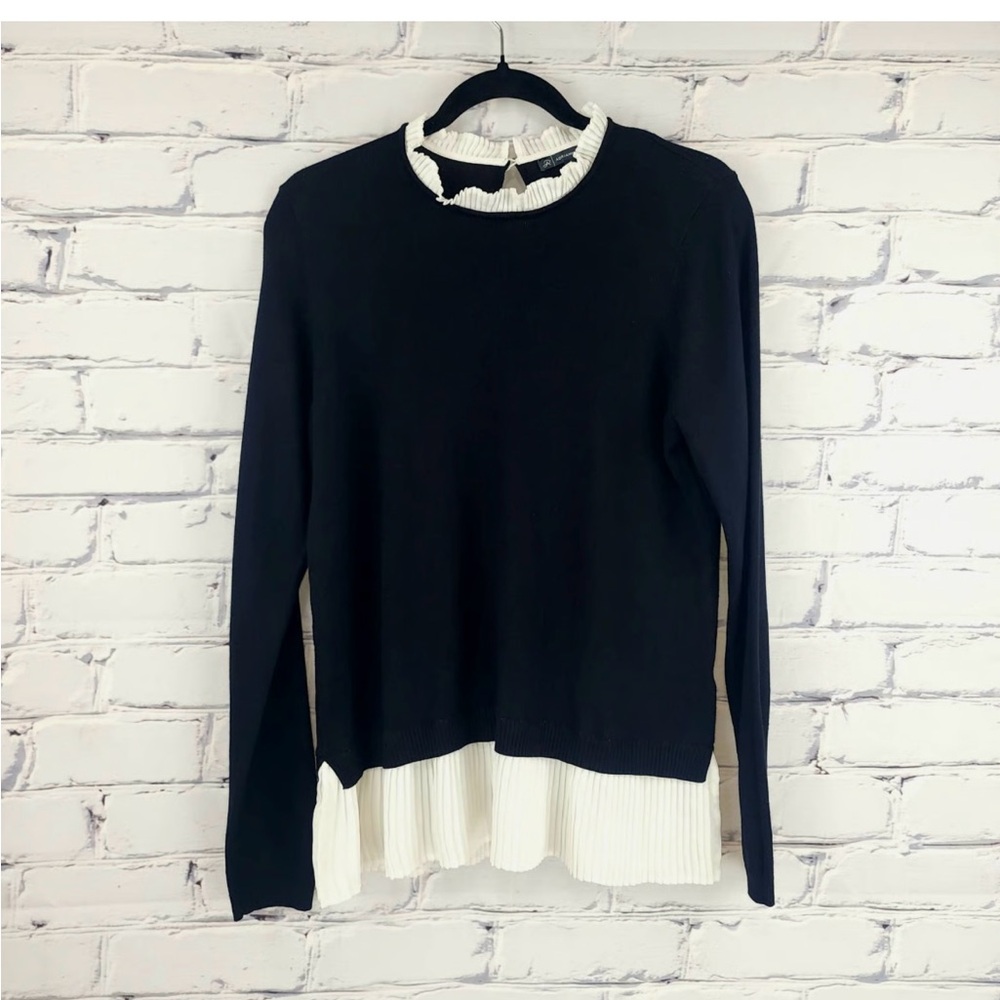 Adrianna Papell Black Sweater with White Pleated Trim